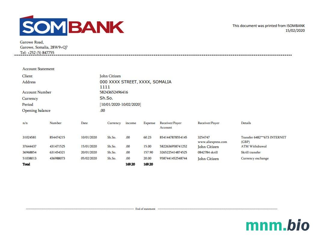 Szablon wyciągu bankowego Somalia Dara Salaam w formacie Word i PDF, dobry na dowód adresu